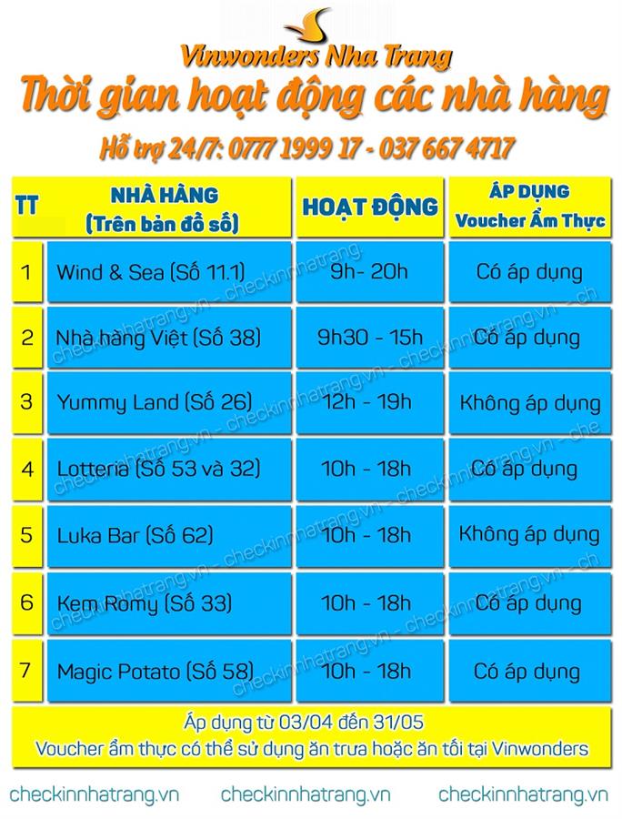 Thời gian hoạt động các nhà hàng trong Vinwonders Nha Trang