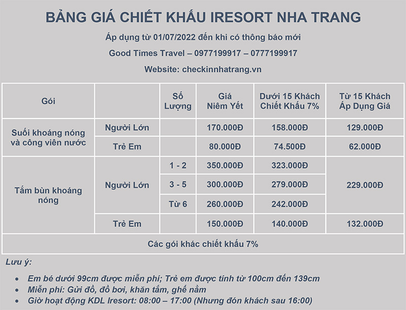 Giá vé Tắm Bùn Iresort Nha Trang 2022